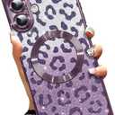 AIGOMARA Phone Case for iPhone 16 [Compatible with MagSafe] Leopard Print Design Glitter Bling Case Shockproof Scratch-Resistant Soft TPU Cover for Women - Purple