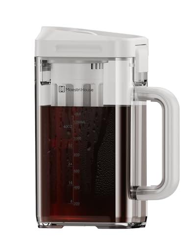 Maestri House Compact Cold Brew Coffee Maker, 40oz Iced Tea and Coffee Maker Brewer Space Saving Tritan Pitcher, 350 Mesh Filter, 100% Leak-Proof, White
