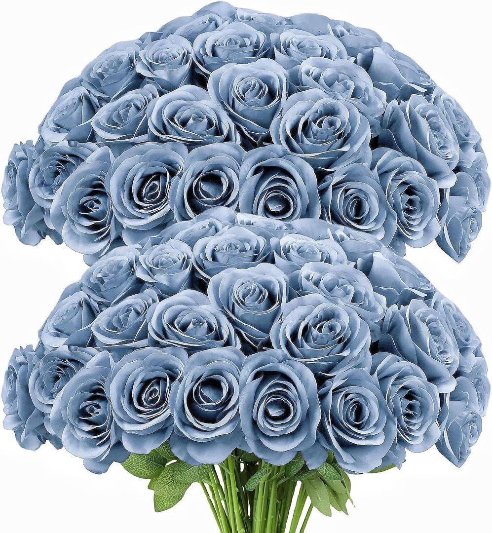 LVEFIT Artificial Rose Flower Artificial Flowers Flower with Long Stem Silk Roses Bouquet for Wedding Bridal Shower Party Home Decoration (Dusty Blue, 50 Pcs)