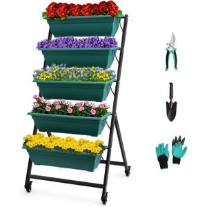 EDOSTORY 4.5 FT Height Vertical Garden Planter Removable Pale Green Raised Bed Box with 5 Container Boxes,Digging Claw Gloves,Trowel,Purning Shears for Outdoor Vegetables Flowers