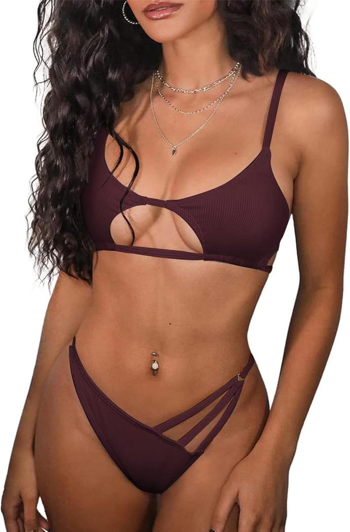 ZAFUL Women's Sexy Cutout Bikini Thong Bikini Set Tie Back Two Piece Swimsuit Bathing Suit (1-Burgundy)