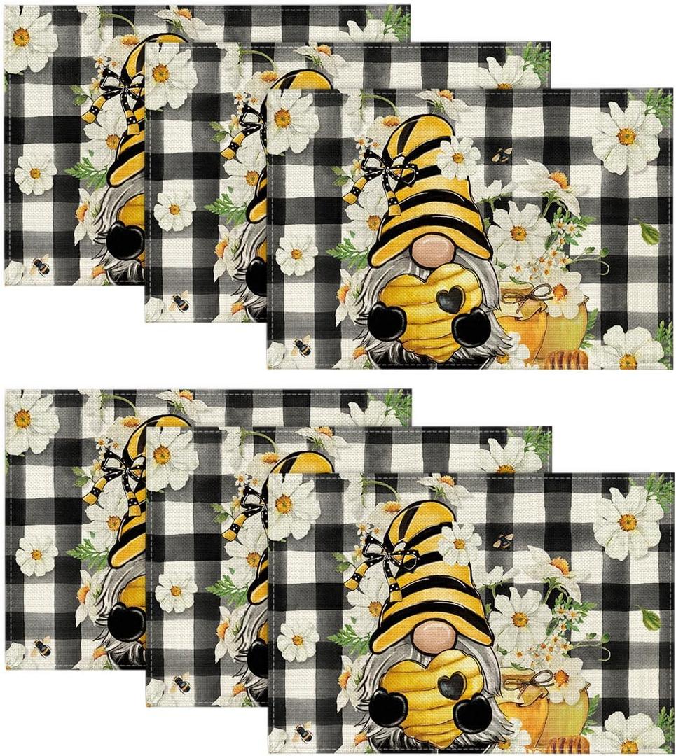 Artoid Mode Buffalo Plaid Gnomes Honey Summer Placemats Set of 6, 12x18 Inch Seasonal Summer Table Mats for Party Kitchen Dining Decoration, Black/White