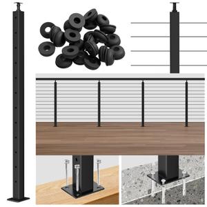 42inch Cable Railing Post Black Adjustable Top Level Drilled Stainless Steel Post 41 x2 x2 with Cable Grommets DIY Cable Railing System Kit for Wood Concrete Deck (PA02-L)