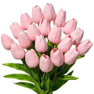 BLISOUL Real Touch Artificial Tulips, 20pcs Fake Tulip Flowers Stem, PU Faux Tulips 13.5” for Mother's Day, Home Decor, Wedding, Easter Valentine's Gift, Table Centerpieces, Floral Arrangements, Pink