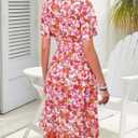 Womens Wrap V Neck Short Sleeve Dress 2025 Summer Floral Boho Dress Ruffle A Line Flowy High Low Midi Dresses (Pink, XL)