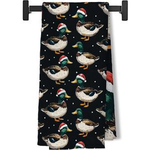 BUJSP Black Christmas Mallard Duck Kitchen Dish Tea Towels, Duck Hunting Gifts, Farmhouse Christmas Funny Santa Hat Ducks Decorative Hand Towels for Bathroom Kitchen, 16x24 Inch (Color-3)