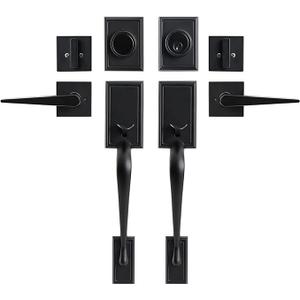 GUA OYH Double Front Door Handle Matte Black Double Door Lock Keyed Dummy Door Lock Set with Handle Lever for Front Door or Office Door