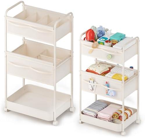 Baby Diaper Caddy, Premium Metal& Felt Movable Cart with Dividers for Newborn Nursery Essentials, Large Capacity Rolling Diaper Storage Caddy Organizer for Changing Table &Crib, Easy Assembly- Beige