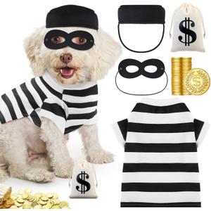 Velmitten Dogs Robber Costume for Pets Halloween Robber Puppy Costume Set, Pooch Shirts Washable Dog Hat Thief Eye Mask Money Sacks Bag 20 Pcs Plastic Gold Coin for Pup Cosplay Party (L)