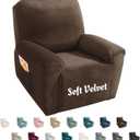 MAXIJIN Velvet 4 Piece Recliner Cover Stretch Plush Soft Recliner Chair Covers Thick Soft Reclining Chair Slipcovers Furniture Protector with Side Pocket for Kids, Pets (Recliner,Dark Coffee)