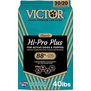 VICTOR Super Premium Dog Food  Hi-Pro Plus Dry Kibble  High Protein Dog Food with 30% Protein  Beef, Chicken, Pork, Fish Meals, Gluten Free - for High Energy and Active Dogs & Puppies, 40lbs (40 Pound (Pack of 1))