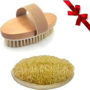 Body Brush Set Include Soft Natural Brush and Loofah, for Wet and Dry Brushing, for Exfoliating and Massaging Skin, Cellulite Treatment, Lymphatic Drainage and Blood Circulation Improvement