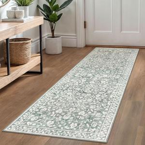 Vintage Washable Runner Rug 2x6, Sage Green Grey Runners for hallways, Super Soft Kitchen Runner Rug Non Slip, Printed Faux Wool Floral Thin Carpet Runner for Entryway Laundry Room Bedroom