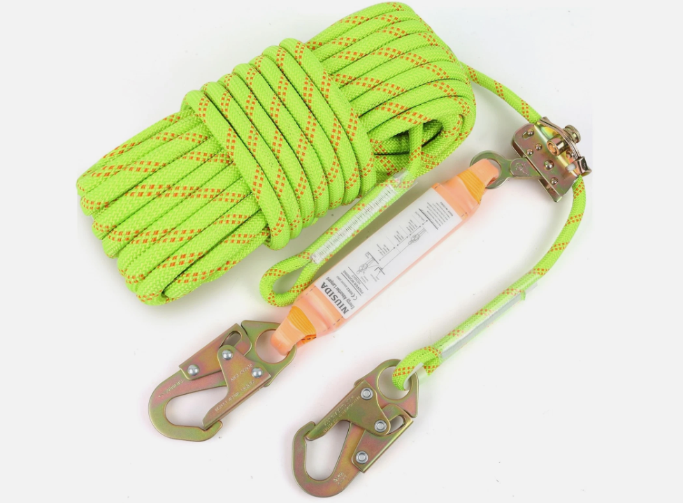 Rope Harness Safety Lanyard 50FT Fall Protection Vertical Roofing Rope with Grab Snap Hooks Shock Absorber Safety Ropes Tree Climbing Line Kit Heavy Duty Roof Safety Equipment