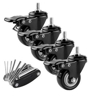 4Pcs 1.5 Inch Heavy Duty Caster Wheels, Swivel Casters with Brakes and M8 Threaded Stem, 110 Lbs Capacity Black Rubber Replacement Wheels for Furniture & Carts