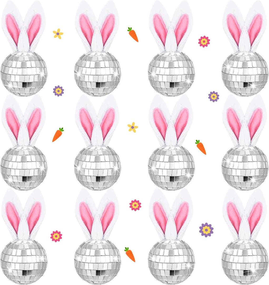 Ferraycle 12 Pcs Easter Bunny Ornaments 1.97 Silver Easter Bunny Tree Decoration Cute Rabbit Hanging Ornament Silver Disco Mirror Ball with Rabbit Ears for Home Office Spring Disco Party Decor Gifts