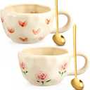 Vesici 2 Pcs Ceramic Coffee Mugs with Spoon, Vintage Floral Spring Mugs with Handle, 8.5 oz Aesthetic Flower Porcelain Tea Cup Set, Dishwasher & Microwave Safe Mothers Day Gifts for Mom(Heart,Rose)