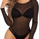 MANGOPOP Women's Mesh Bodysuit Sheer Geo Print Short Sleeve Long Sleeve Body Suit Sexy See Through Shirt Tops Size XXL