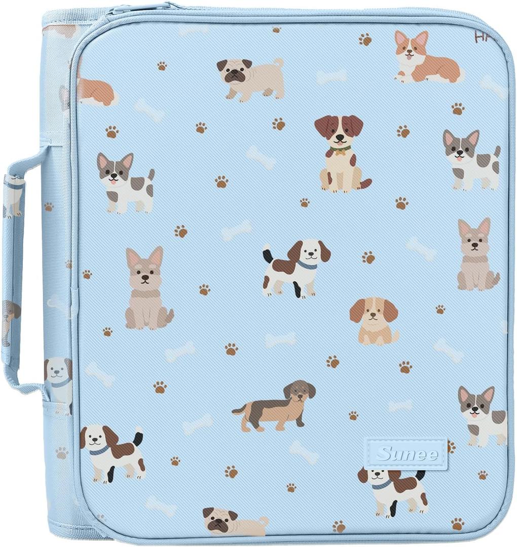 SUNEE Zippered Binder Bag with Handle, 2-Inch 3-Ring O-Ring, 500-Sheet Capacity, Includes Zip Pocket, 5-Tab Expanding File Folder, Multi-Pocket Organizer Binder for Middle School, Blue Dog