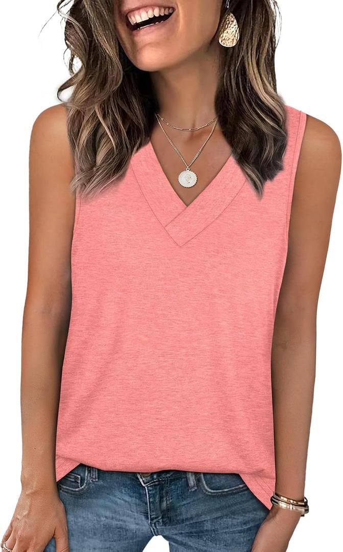 WIHOLL Tank Tops for Women Summer V Neck T Shirts Trendy Sleeveless Basic Tees Fashion Clothing (Medium, 1-coral)