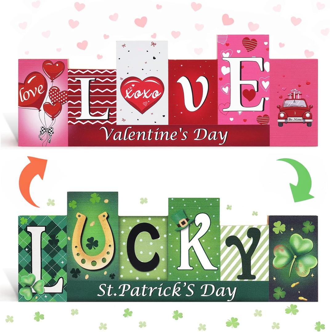 Valentine Decorations for Home & Valentines Day Decor, St. Patrick's Day Decorations Double-Sided Tabletop Wooden Sign, Farmhouse Centerpieces for Table, Desk, Mantel, Fireplace Indoor