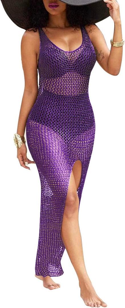 Sexy Swimwear Cover Ups for Women Summer Vacation Scoop Neck Crochet Bikini Swimsuit Split Bathing Suit (Purple, XL)