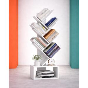 XBurmo 6 Tier Tree Book Shelf - Small Bookshelf Decor, Corner Bookshelf, Living Room Storage, Tall Narrow DVD & CD Shelf Storage Bookshelves, Comic Bookcases Standing for Bedroom or Office, White