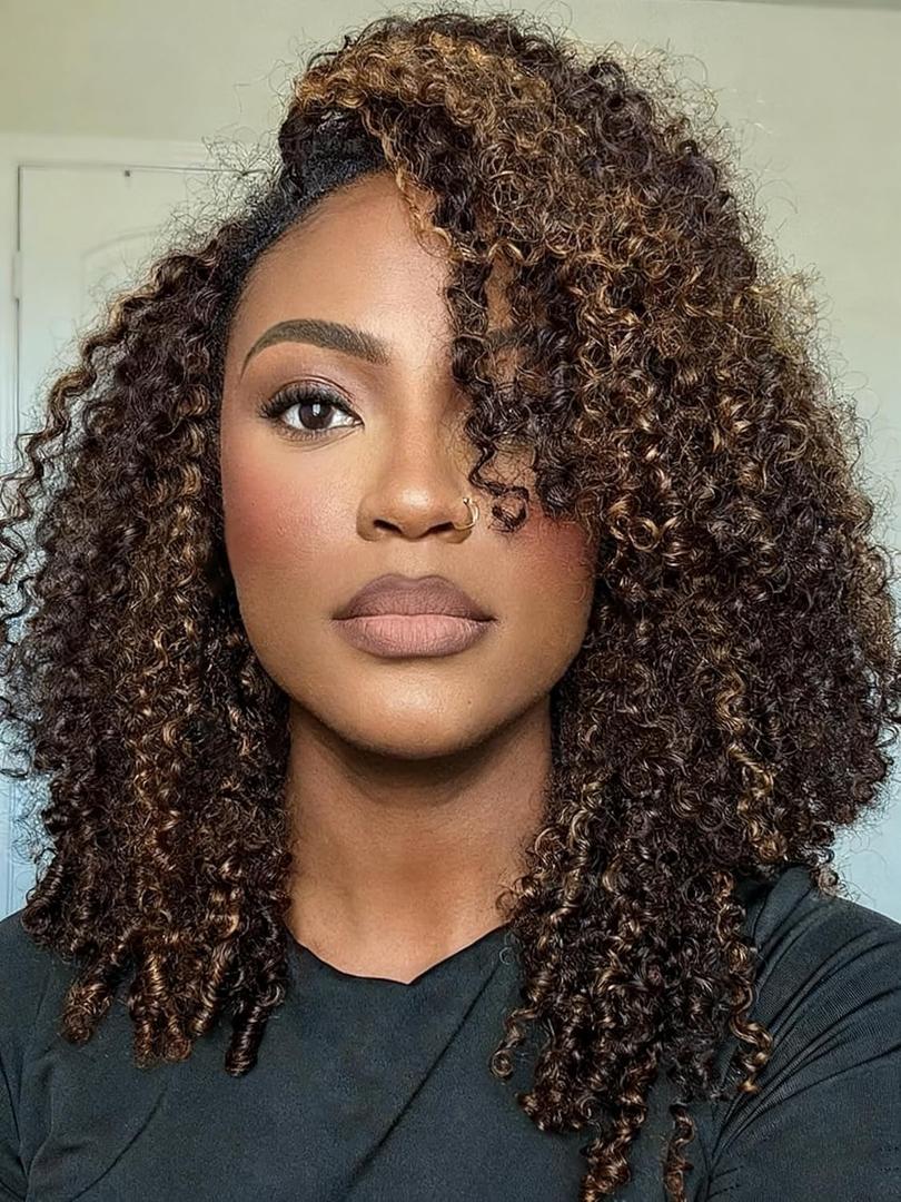4/27 Kinky Curly 3 In 1 Half Wig 100% Human Hair 200 Density Wear Go Glueless Wigs Human Hair Afro Kinky Curly Headband Wig with Drawstring Seamless Clip Ins Flip Over Invisible Hairline 18 Inch