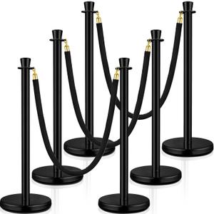 Wesiti 6 Pcs Stainless Steel Stanchion Post Queue with Crown Top 5 ft and 3 Pcs Velvet Rope and Poles Crowd Control Barriers Sand Injection Hollow Base and Velvet Ropes Set for Party (Black)