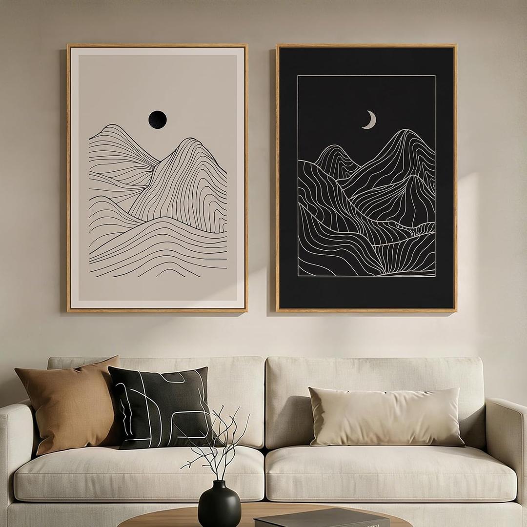 Large Framed Black and Beige Neutral Abstract Wall Art for Living Room, Set of 2 Modern Canvas Prints Paintings Artwork for Walls, Mountain and Moon Pictures for Bedroom Hallway Wall Decor 24x36 In, 24" W X 36" H X 2pcs