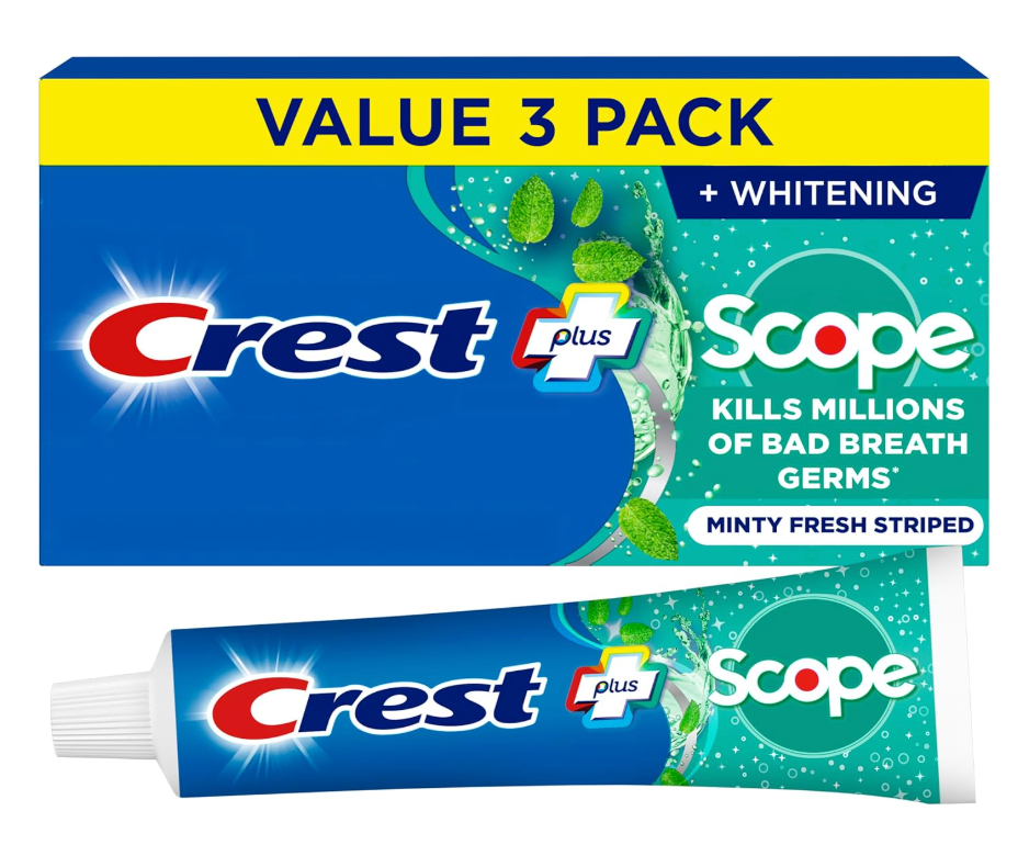 Crest + Scope Whitening Toothpaste  Pack of 3, 5.4 Oz Tubes  Anticavity Fluoride Toothpaste, Fresh Breath, Kills Germs  Tartar Protection, Enamel Protection  Minty Fresh Flavor