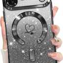 Bonoma Compatible with iPhone 17 Pro Case 2025 Support for MagSafe, Plating Heart Glitter Magnetic Case TPU Camera Protection Back Cover for Phone Case -Black