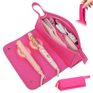 JKAOO Hair Tools Travel Bag and Heat Resistant Mat, 2 in 1 Portable Organizer Hair Travel Case for Curling Iron, Hair Straightener, Flat Irons, PU Hangable Handle, Neoprene (Vibrant RoseRed)