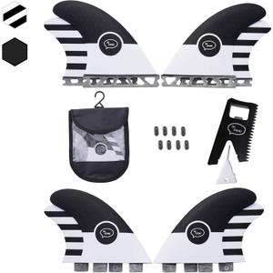 Ho Stevie! Quad (4) Surfboard Fins - High Performance HexCore - Built for Speed and Drive - [Choose Base] with Fin Key, Screws, Wax Comb and Travel Case (Single Tab, Black with White Stripes)