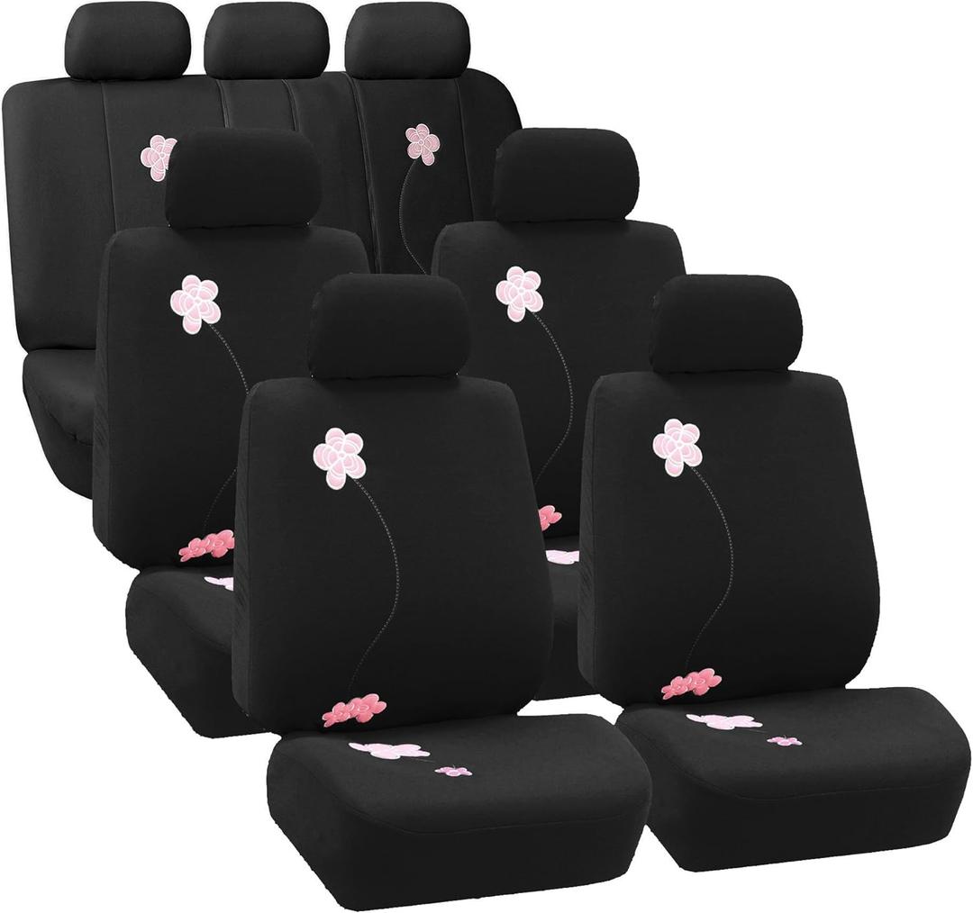 FH Group Three Row 7 Seater Floral Design Cloth Car Seat Covers, Airbag Compatible and Split Bench- Universal Fit for Cars Trucks & SUVs Black