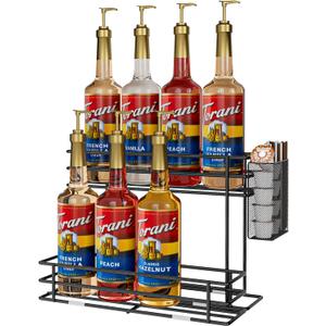 OVICAR Coffee Syrup Organizer Rack - 8 Bottle Holder Stand for Coffee Bar & Station Accessories with Straw & Pod Basket, 2 Tiers Black