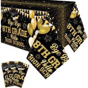 3 Pcs 8th Grade Graduation Tablecloth 54x108 Bye Bye 8th Grade Hello High School Tablecovers Plastic Congrats Grad Table Decor for Class of 2025 Graduation Party Supplies