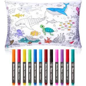Mindsoft Coloring Craft Coloring Pillowcase Ocean Pillowcase with 12 Pcs Markers Pens for Decoration Supplies Craft, 28.7 x 19.7 Inch
