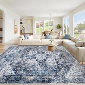 Area Rug 9x12 Washable Rug, Vintage Boho Medallion Rugs Non-Slip Soft Low Pile Large Distressed Rug Indoor Retro Carpet for Living Room Bedroom Dining Room Home Office (Blue, 9'x12')