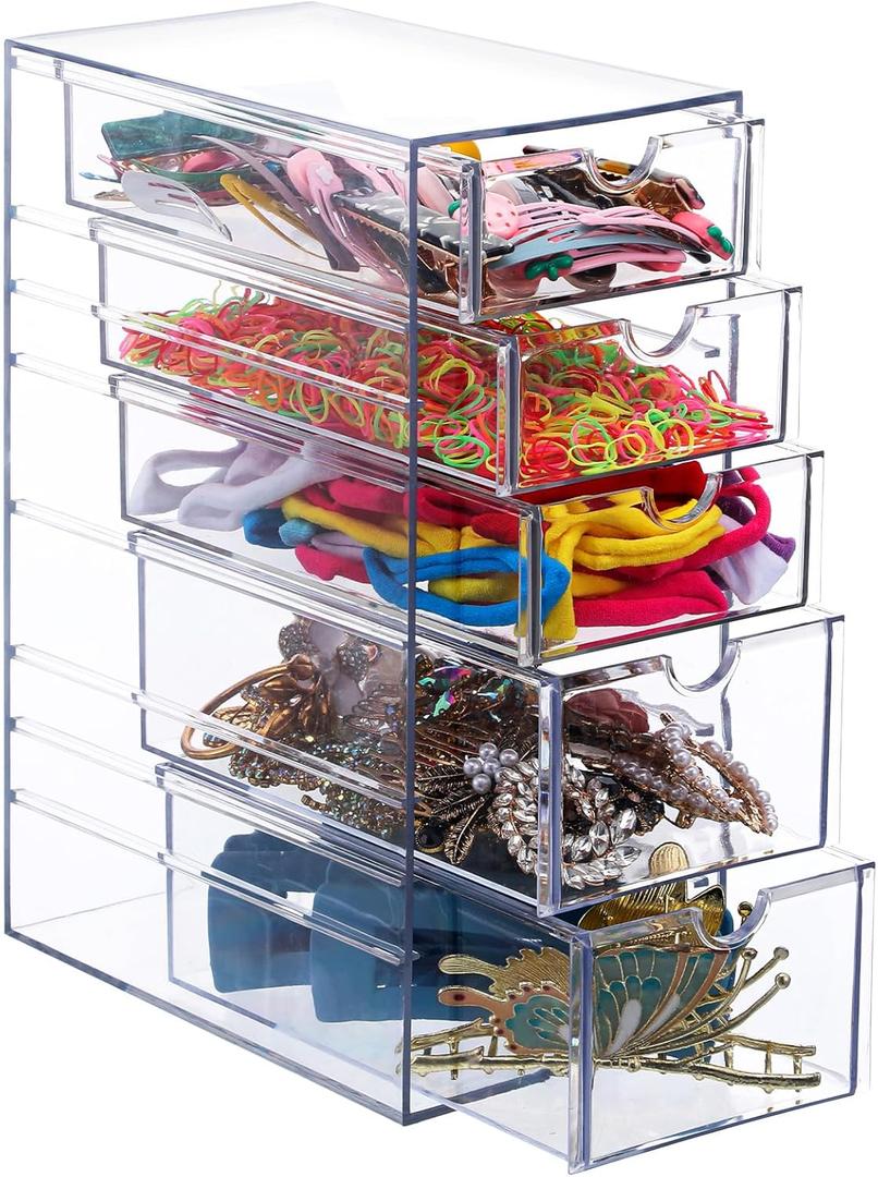 5-Drawer Clear Plastic Hair Accessories Organizer Box, Large Capacity Hair Organizer Storage for Bathroom, Dresser, Office, and Closet