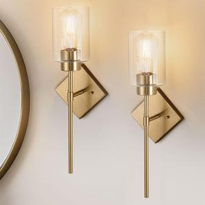 Wall Sconces Set of 2, Gold Bathroom Light Fixtures,Sconces Wall Lighting Indoors with Clear Glass Shade for Hallway Farmhouse Living Room