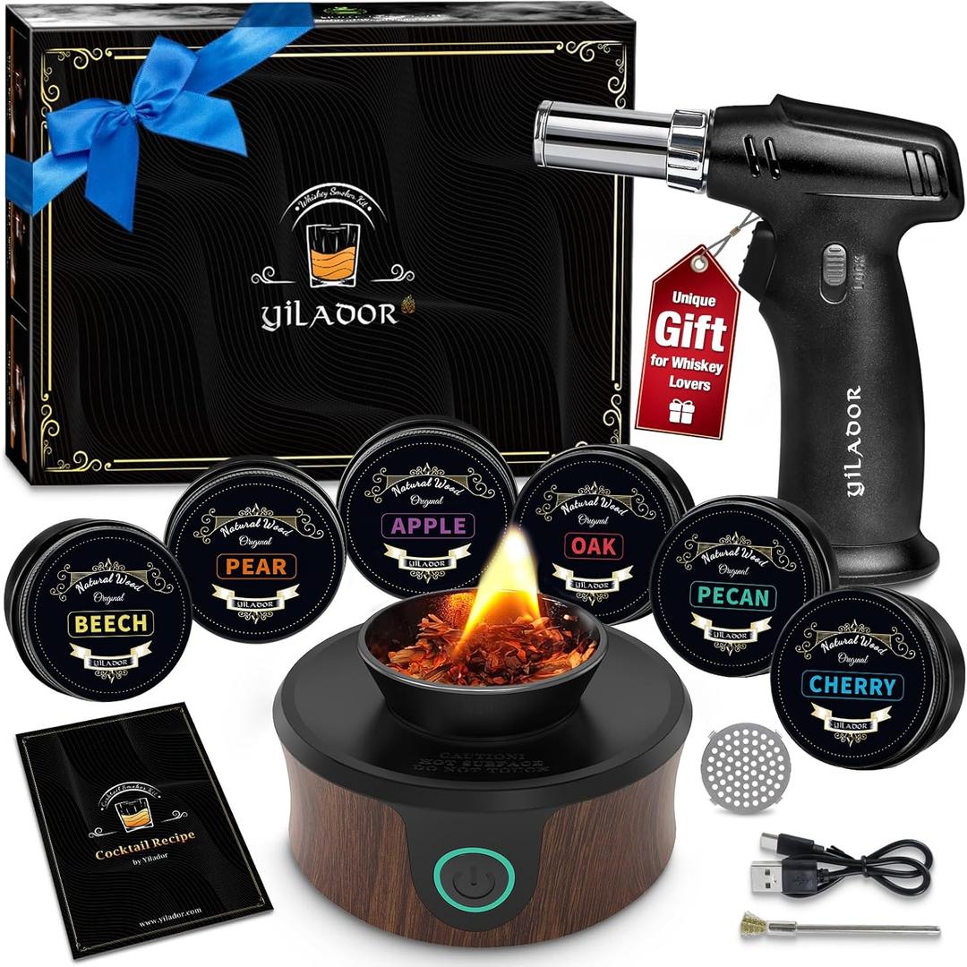 Electric Whiskey Smoker Kit with Torch, Valentine's Day Gifts for Whiskey Lover, 6 Wood Chips  Infuse Rich Smoky Flavors in Bourbon Old Fashioned & Cocktails, Gifts for Him, Husband (Without Butane)