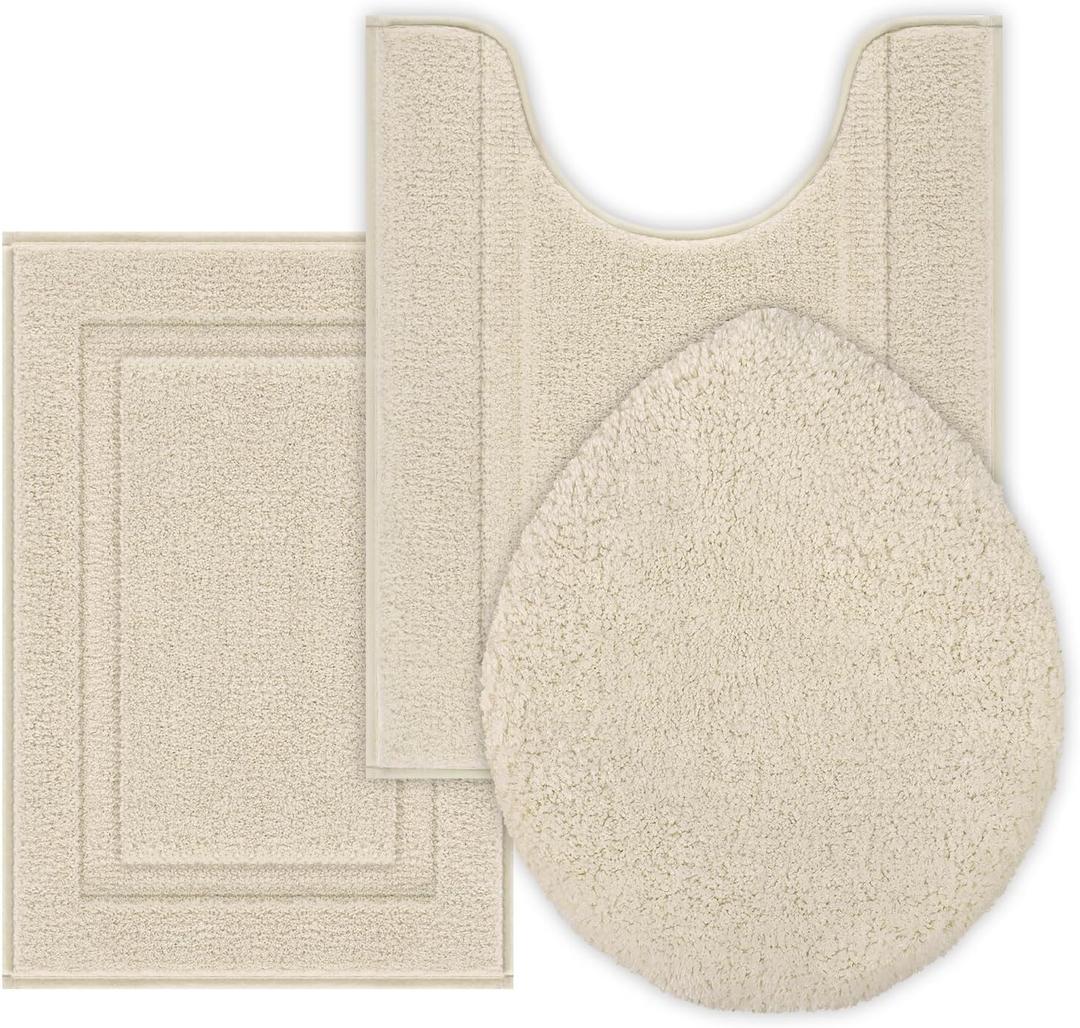 SHACOS Microfiber Bathroom Rugs Set of 3 with Toilet Lid Cover Non Slip Washable Bath Mat Absorbent Bathroom Carpet 16"x24"+U Shape Toilet Rug 20"x24"+Toilet Lid Cover 19"x21", Light Beige