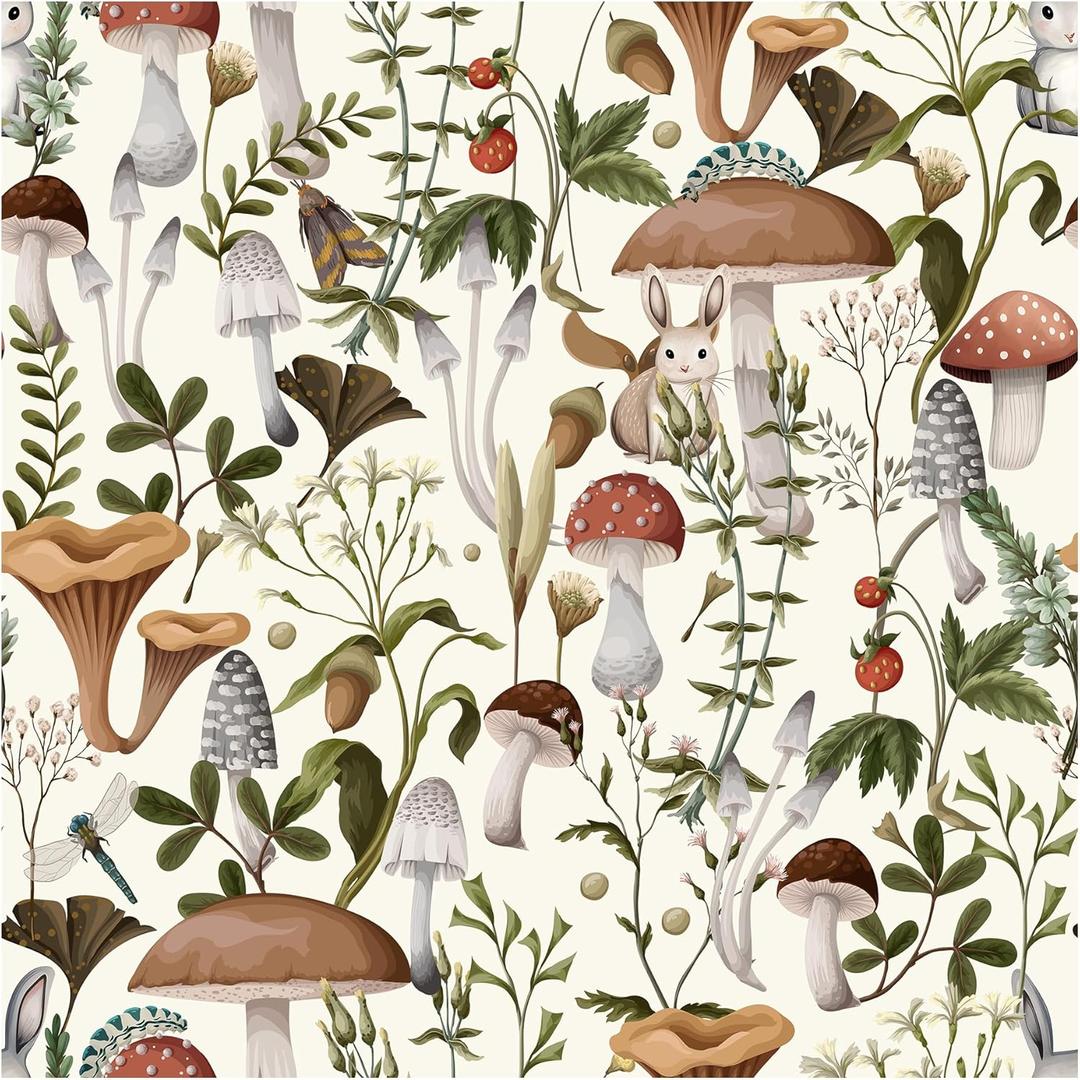 Mushroom Wallpaper Peel and Stick Wallpaper Boho 17.7" x 197" Self Adhesive Removable Wall Paper Leaf Forest Mushroom Contact Paper for Countertops Cabinet Decor