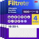 Filtrete 16x20x1 Air Filter, MERV 12, MPR 1500, Allergens, Bacteria & Viruses, 3-Month AC and Furnace Filters, Cleaner Air, Reliable Airflow, 4 HVAC Filters (Actual Size 15.62 x 19.62 x 0.78 in)