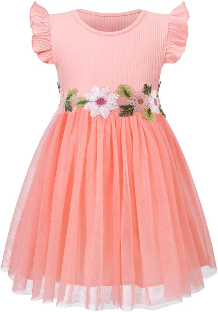 HILEELANG Little Flower Girl Tulle Tutu Dress Easter Cotton Ribbed Birthday Wedding Party Princess Dresses 2T