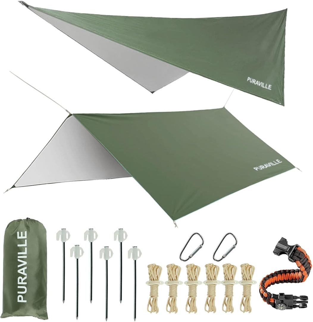 Puraville 10x10 ft Rectangle Lightweight Camping Tarps, Portable Waterproof Hammock Rain Fly Tent Tarp for Camping Backpacking, Green