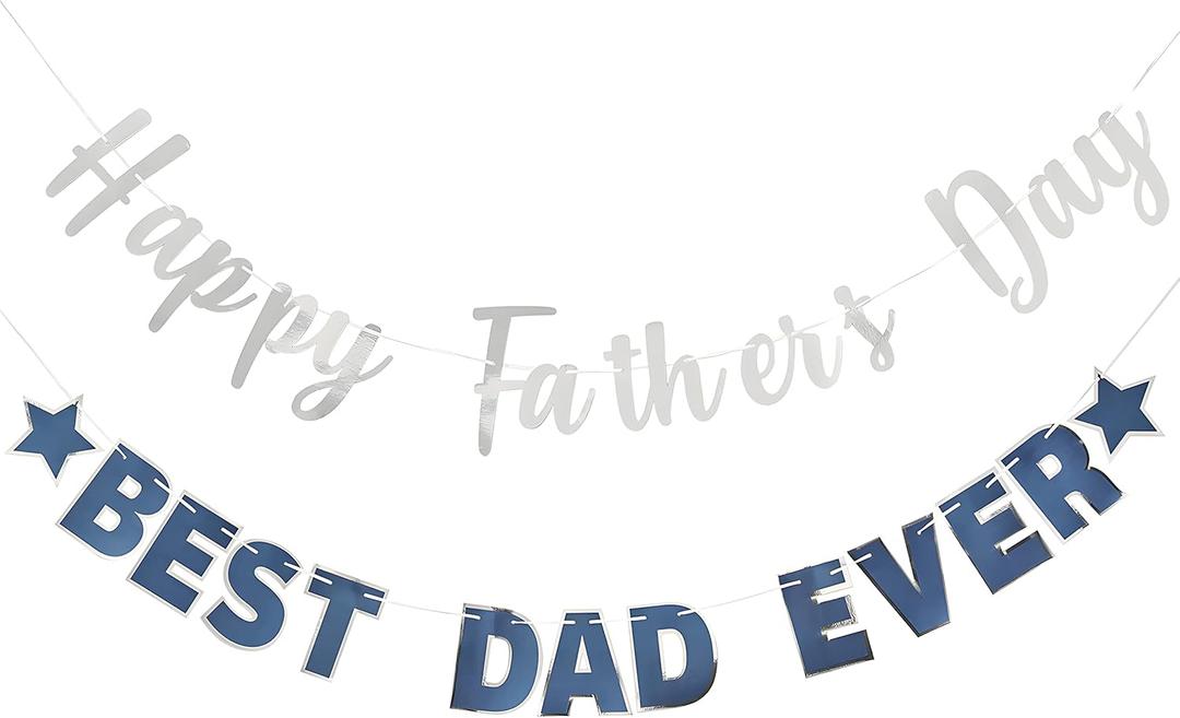 Happy Father's Day Silver Banner Bunting Banner for Dad Father's Party Decorations Backdrop Garland for Father's Day (2 pcs Silver)