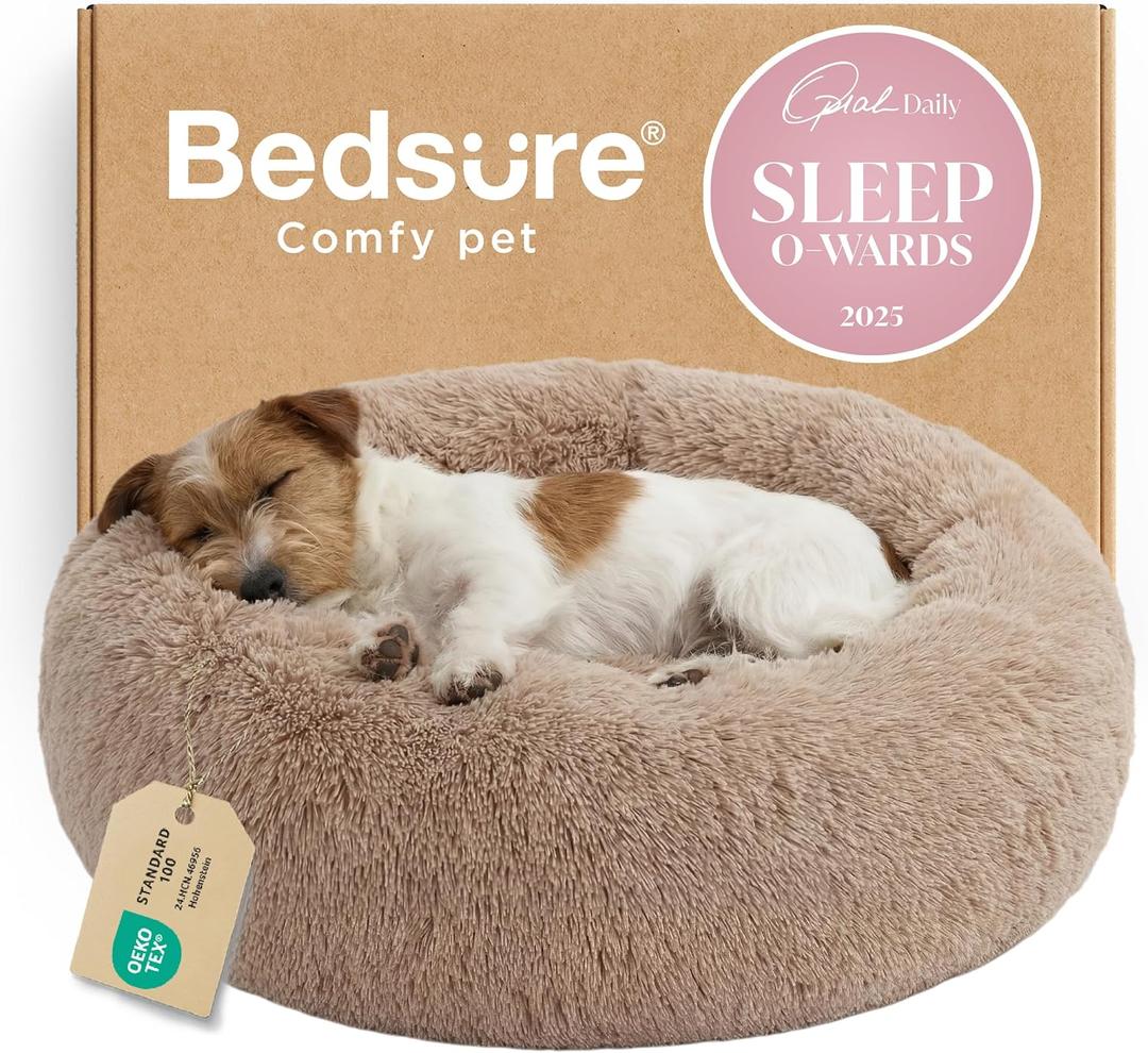 Bedsure Calming Dog Bed for Dogs - Donut Washable Puppy Bed, 27 inches Anti-Slip Round Fluffy Plush Faux Fur Pet Bed, Camel 27"L x 27"W x 8"Th