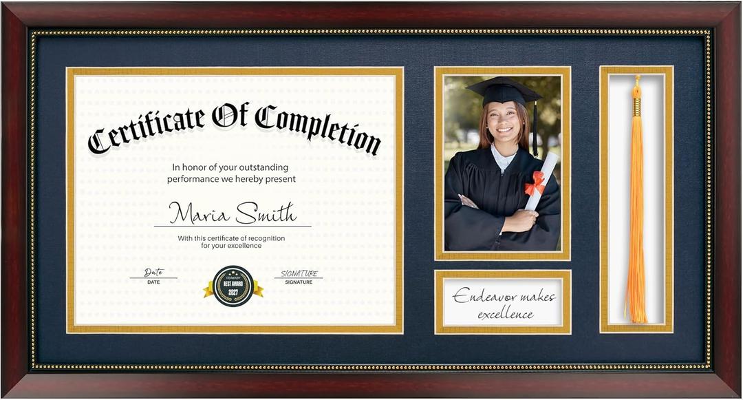 11x22 Diploma Frame with Tassel Holder, Graduate Frame for 8.5x11 Certificate Document and 4x6 Photo, Linen Texture Blue over Gold Double Mats, HD Real Glass, Mahogany with Gold Beads Embossing